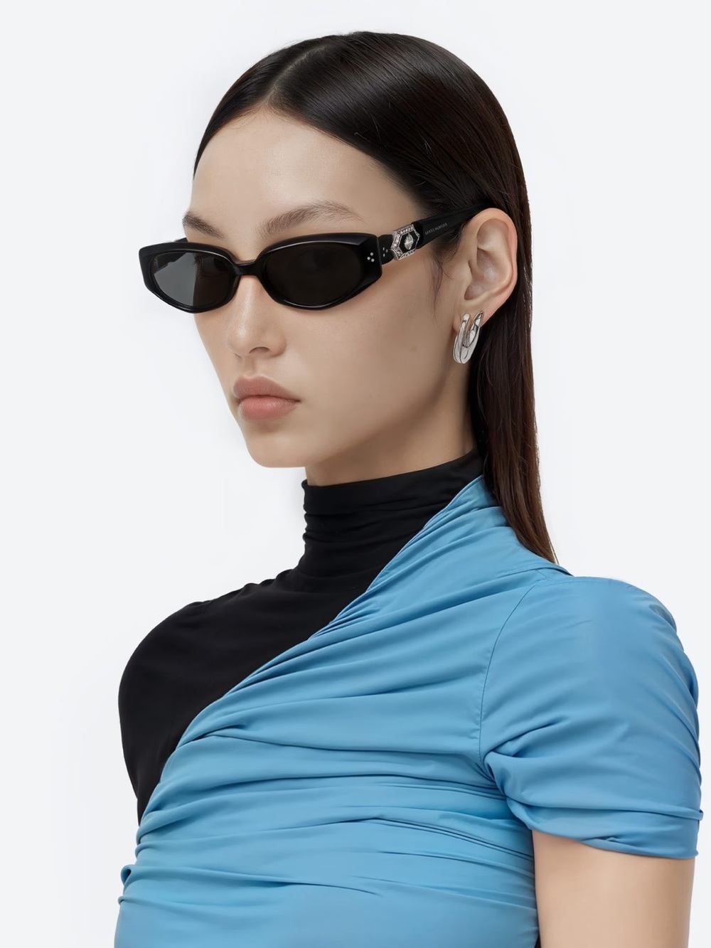 GENTLE MONSTER Black Slim Cat-Eye Sunglasses with Silver Detail